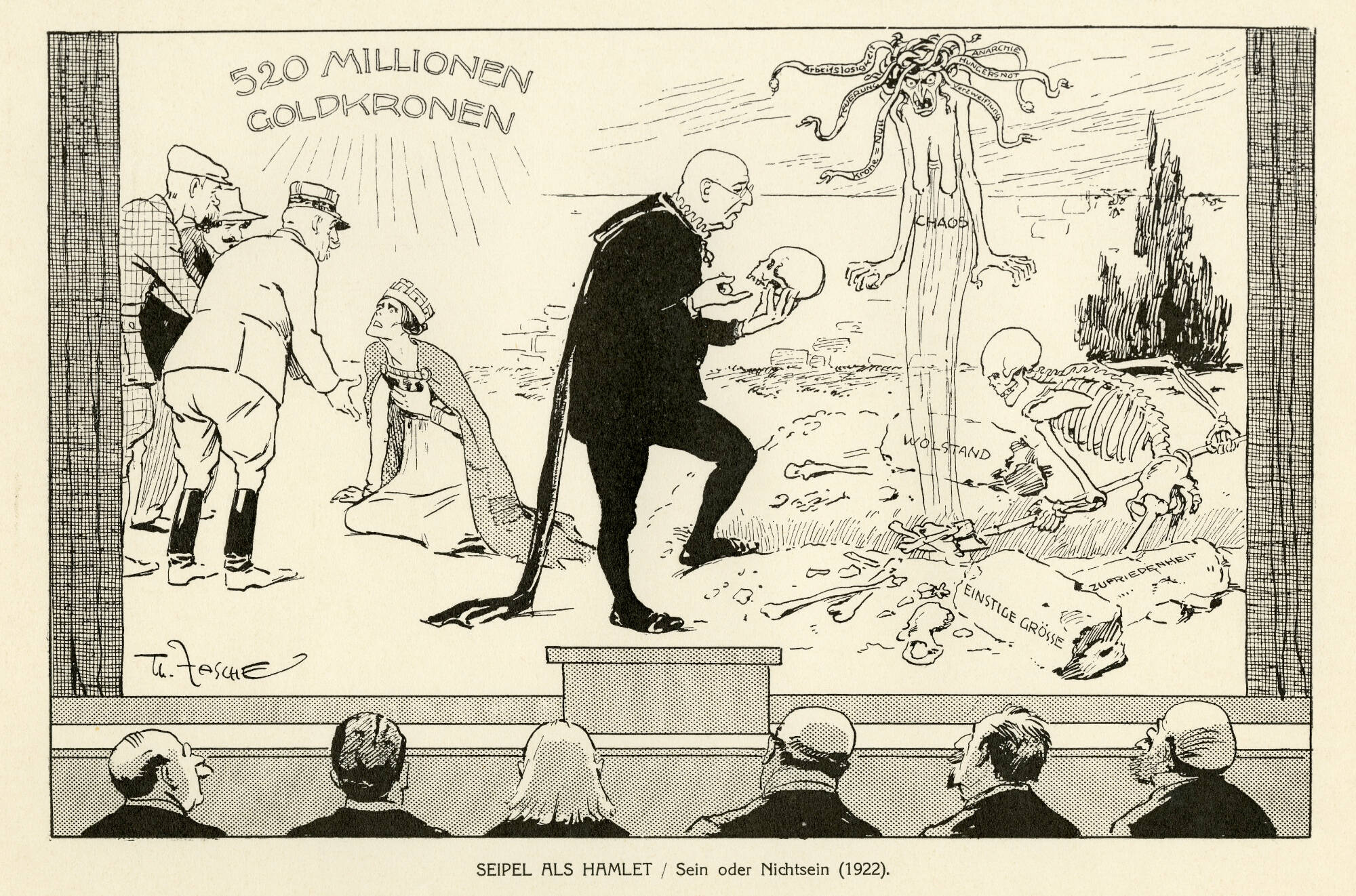 Print of an audience watches as a bald man with glasses talks to a skull. Next to him a skeleton digs a grave and a ghost/medusa is rising out of it.